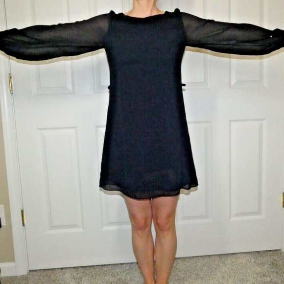 Atmosphere Prom Size 4 Black Chiffon Dress Long Puffy Sleeves Modest British - Picture 7 of 11